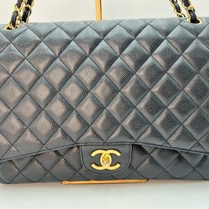 CHANEL Black Caviar Leather Jumbo Double Flap with Gold Hardware